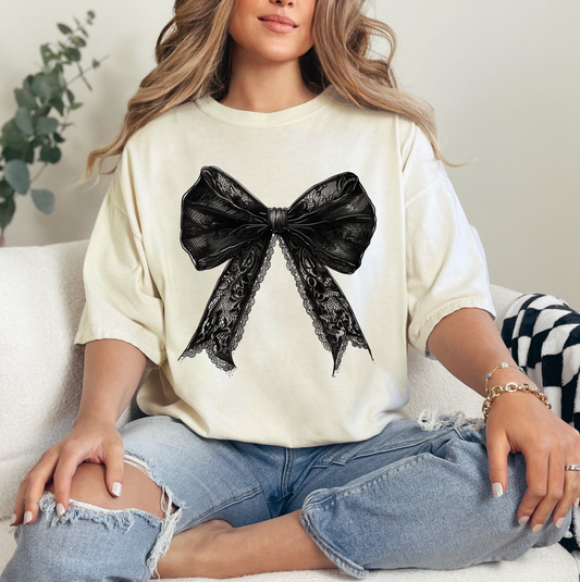 Comfort Colors Black Lace Coquette Bow shirt, Fall Bow Shirt, Cute Fall Halloween Shirt