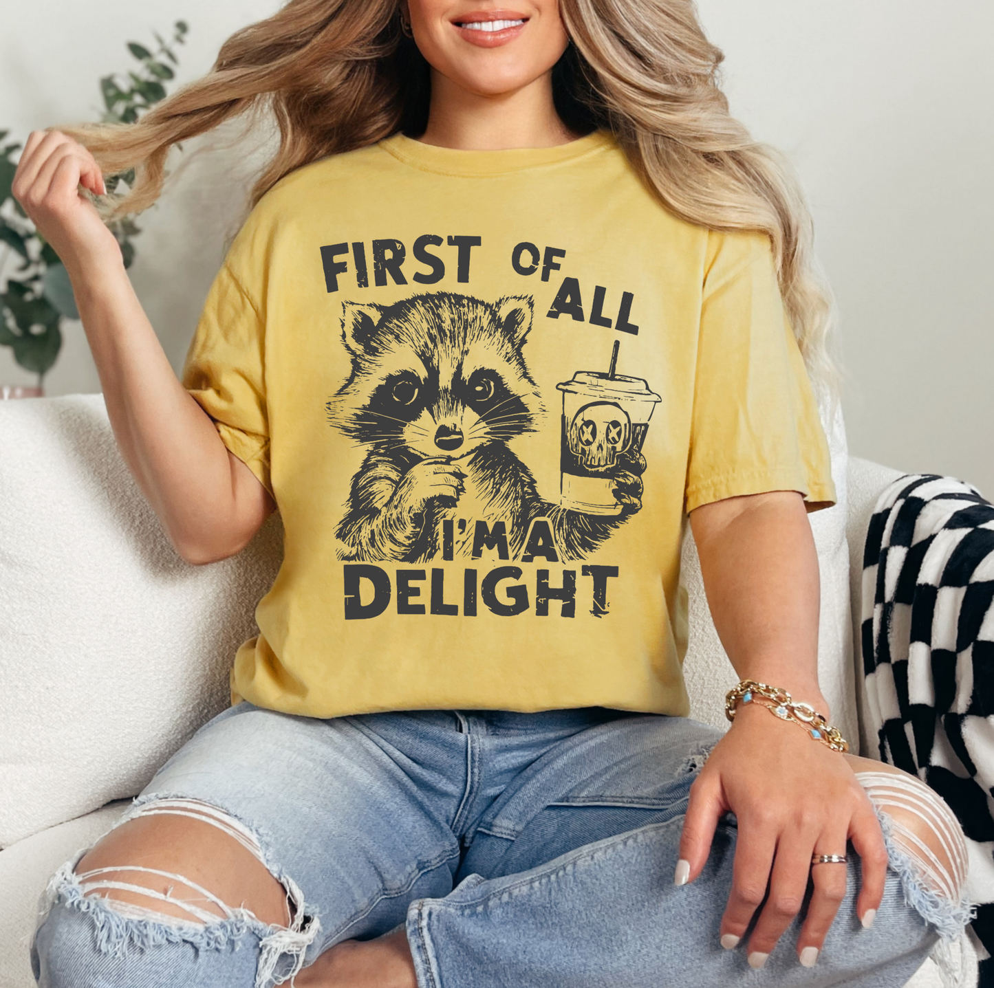 Comfort Colors Raccoon shirt, First of all, I'm a delight shirt, Cute Raccoon Shirt