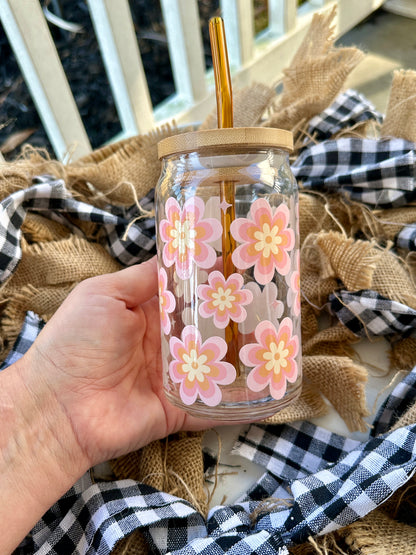 Retro Floral Beer Can Coffee Glass