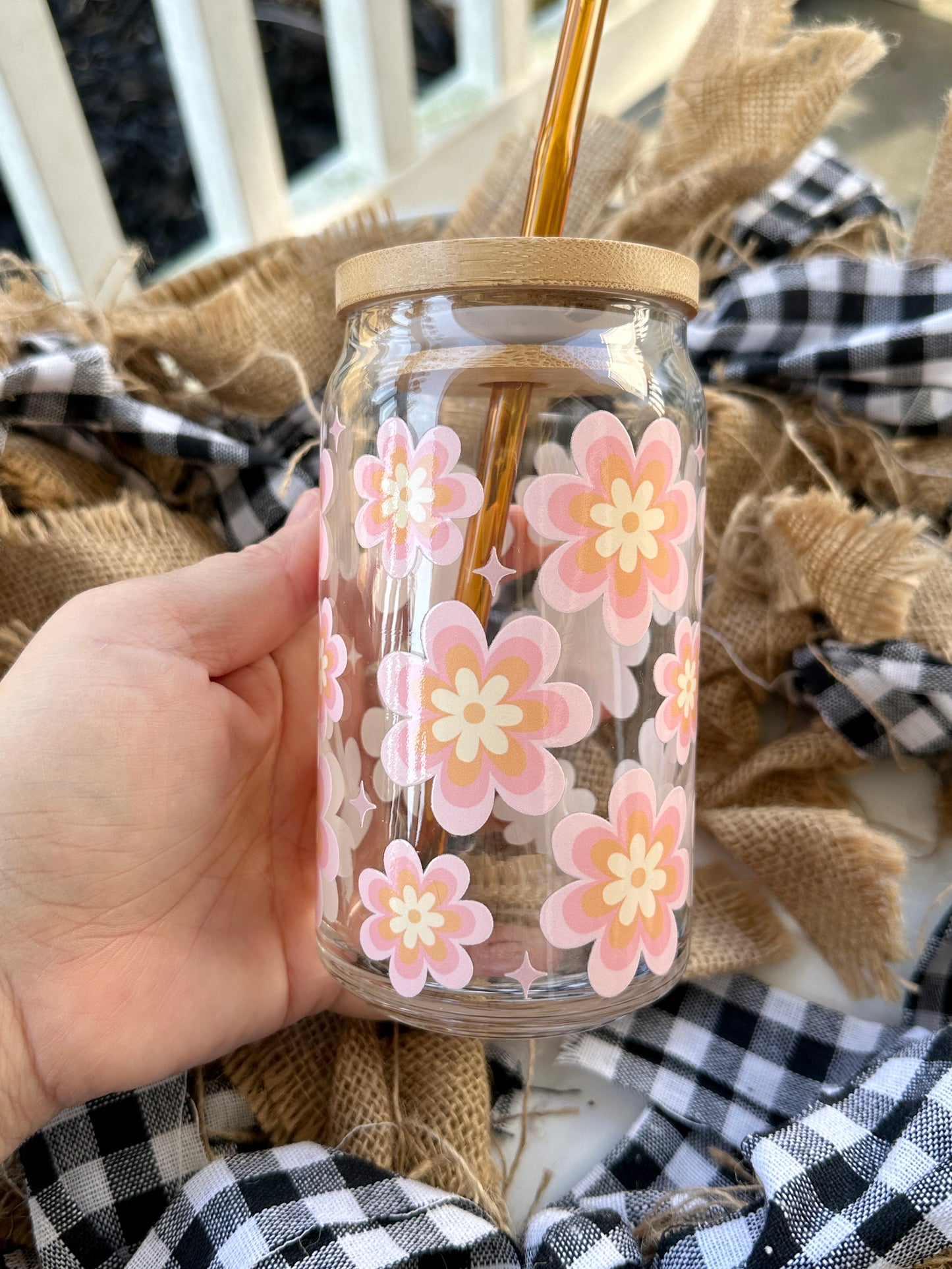 Retro Floral Beer Can Coffee Glass