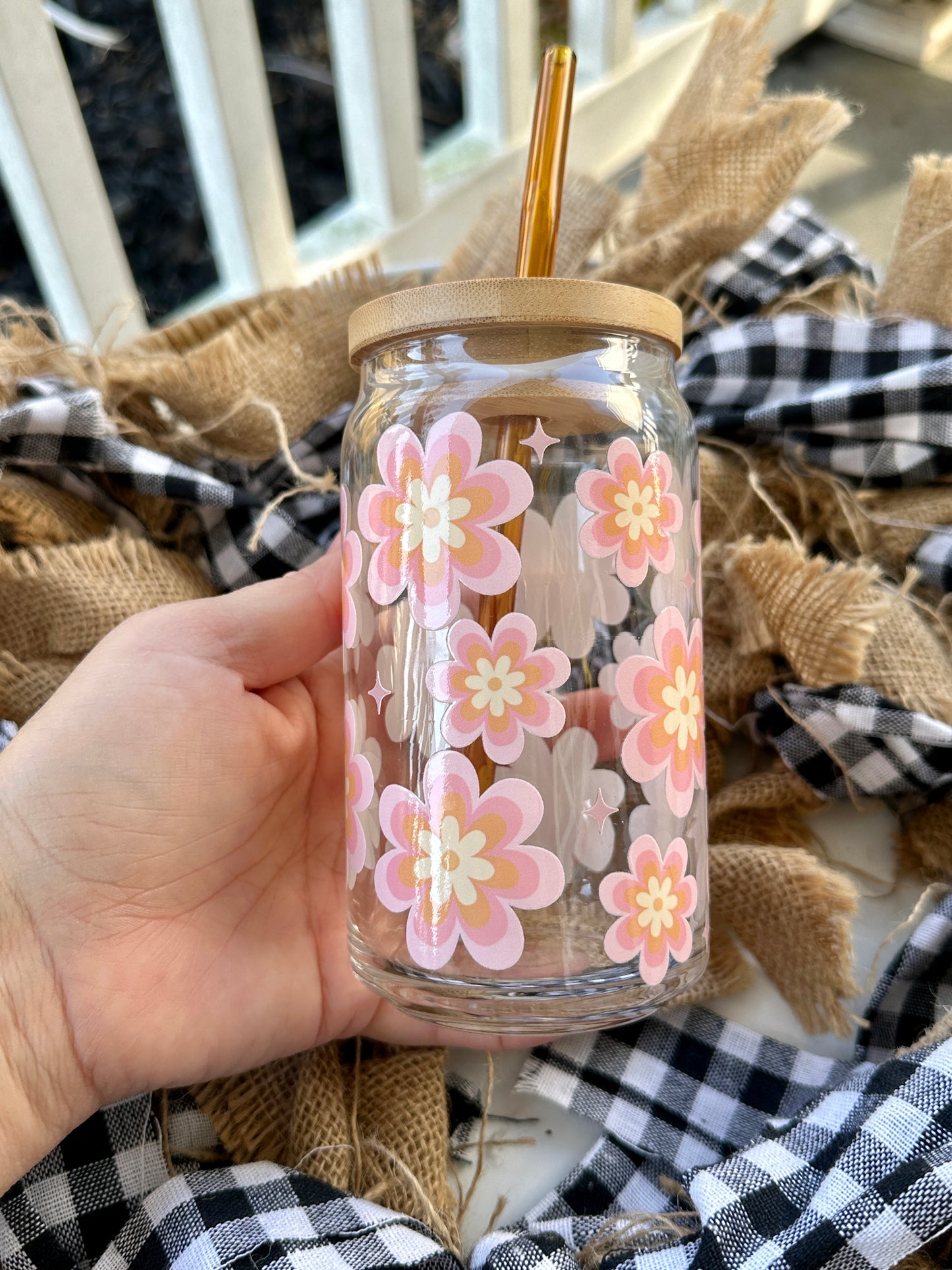 Retro Floral Beer Can Coffee Glass