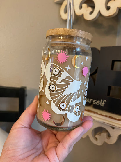 Celestial Moth Beer Can Iced Coffee Glass