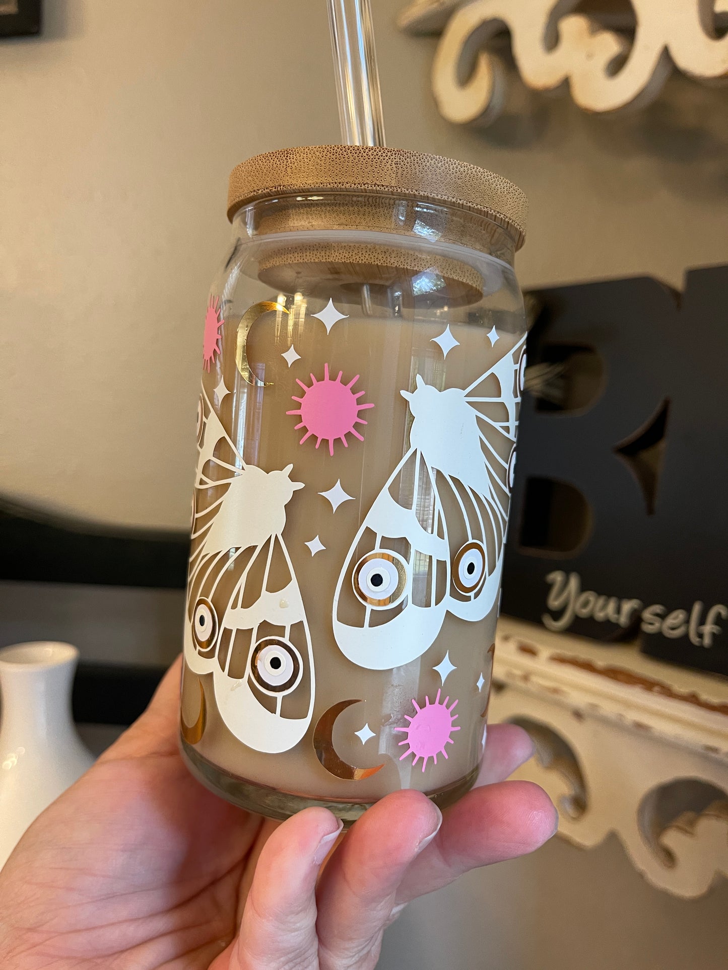 Celestial Moth Beer Can Iced Coffee Glass