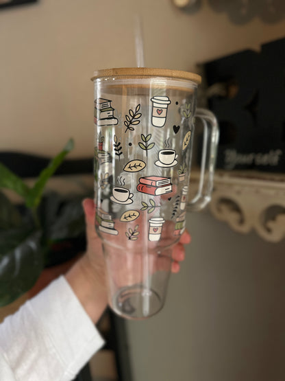 40oz Glass Tumbler, Books, Coffee and Plants Glass tumbler with Bamboo Lid and Your Choice of Glass Or Plastic Straw, 40oz Custom Glass Tumbler with books and coffee