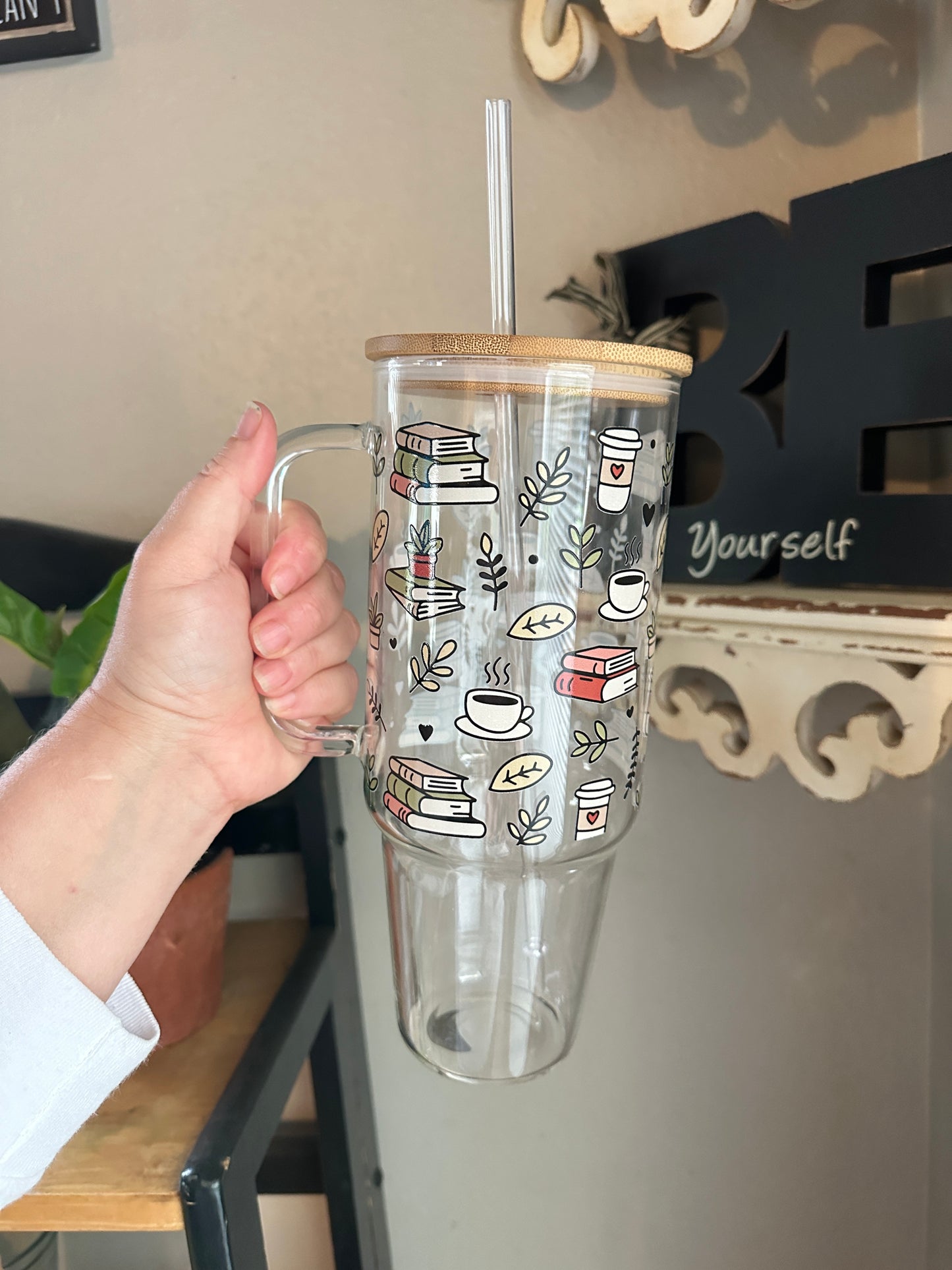 40oz Glass Tumbler, Books, Coffee and Plants Glass tumbler with Bamboo Lid and Your Choice of Glass Or Plastic Straw, 40oz Custom Glass Tumbler with books and coffee