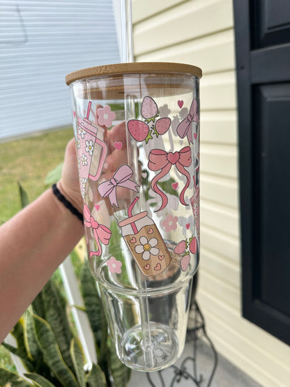 40oz Glass Tumbler with Bamboo Lid and straw, Corquette Bow and Coffee  tumbler with handle, 40oz Custom Glass Tumbler , Bows and Coffee gifts, Corquette girlie gifts