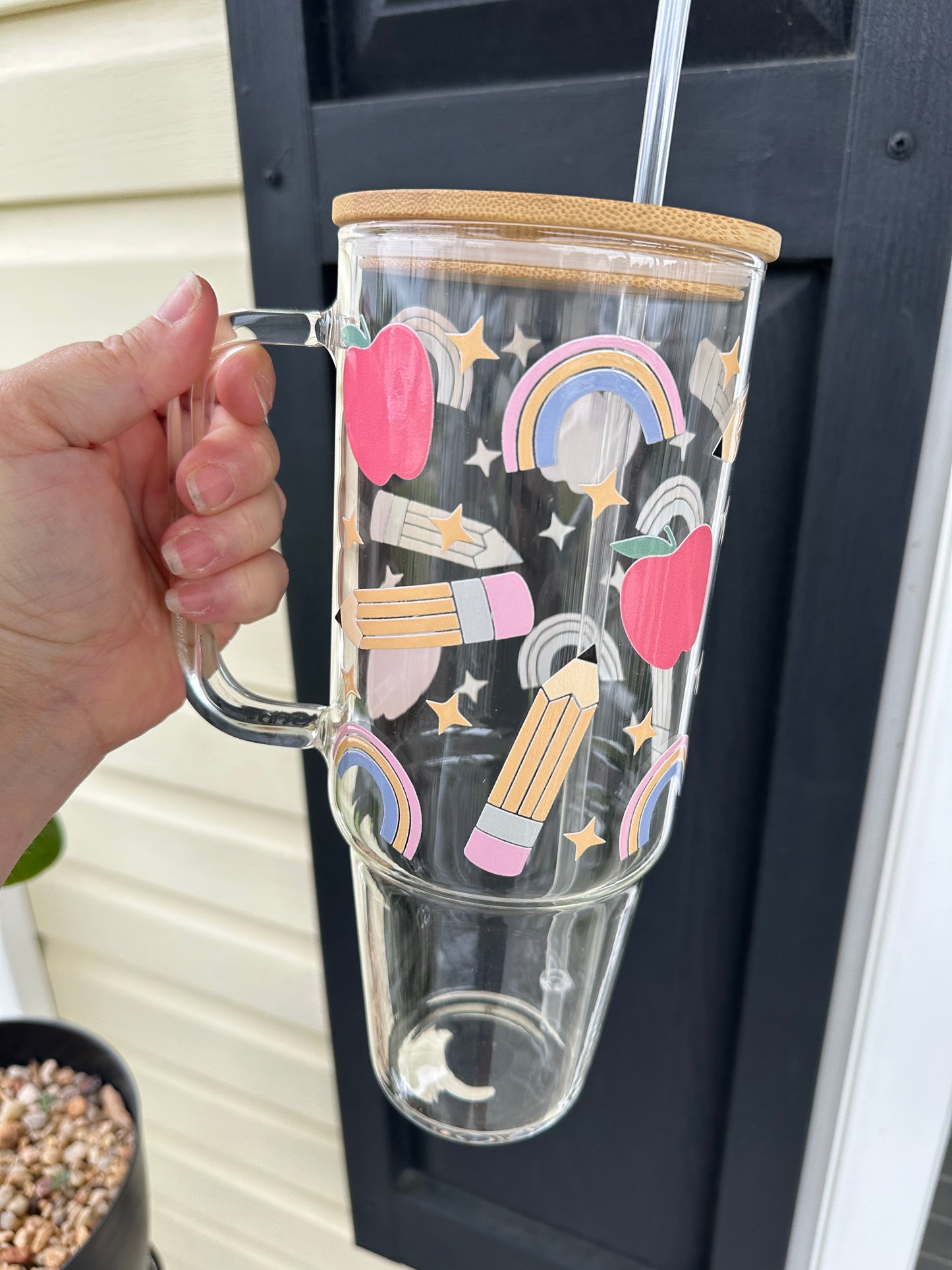 40oz Glass Tumbler with Bamboo Lid and straw, Teacher tumbler with handle, 40oz Custom Glass Tumbler , Teacher Appreciation Gifts, Teacher Appreciation Week