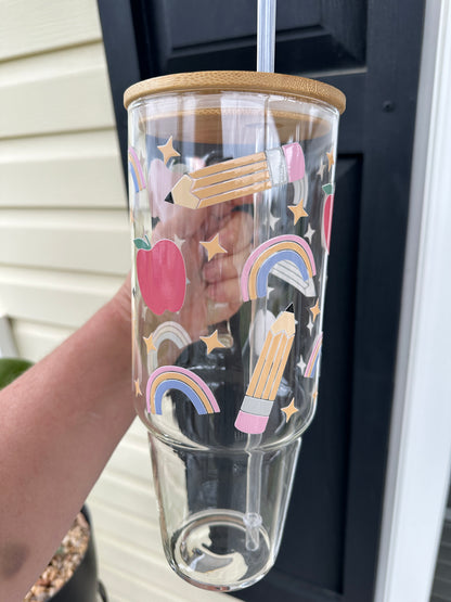 40oz Glass Tumbler with Bamboo Lid and straw, Teacher tumbler with handle, 40oz Custom Glass Tumbler , Teacher Appreciation Gifts, Teacher Appreciation Week