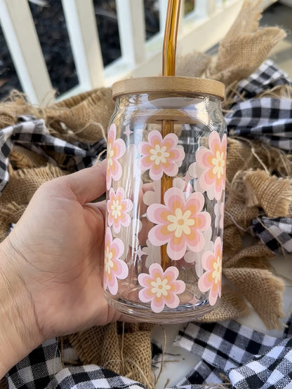 Retro Floral Beer Can Coffee Glass