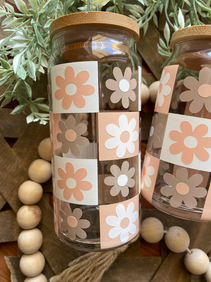 Checkered Daisy Beer Can Glass