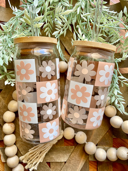 Checkered Daisy Beer Can Glass